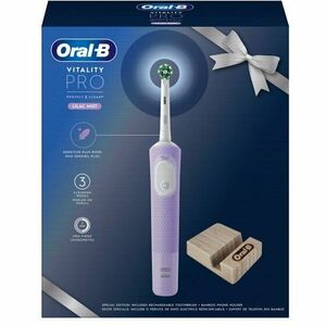 Set Cadou: Periuta de dinti electrica Oral-B Vitality Pro, Curatare 2D, 3 programe, 1 Incarcator, 1 capat, Violet + Suport de telefon din bambus imagine