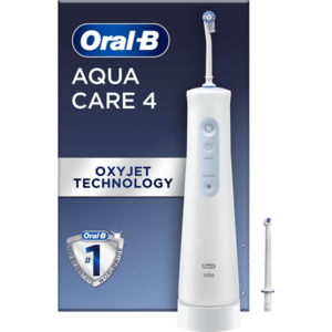 Irigator bucal portabil Oral-B AquaCare 4, Tehnologie Oxyjet, 2 intensitati, 3 fluxuri de apa, 2 capete, fara fir, Alb imagine