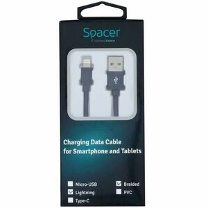 Cablu de date Spacer, USB 2.0 (T) la Lightning (T) pentru iPhone, braided, retail pack, 0.5m, Negru imagine