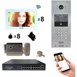 Kit Interfon Video 8 familii wireless WiFi IP65 1.3MP 7 inch Color 4in1 POE Tag Mentor SYKT036 imagine