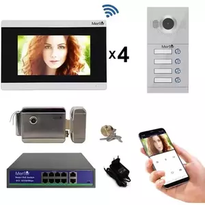 Kit Interfon Video 4 familii wireless WiFi IP65 1.3MP 7 inch Color 3in1 POE RJ45 Mentor SYKT031 imagine