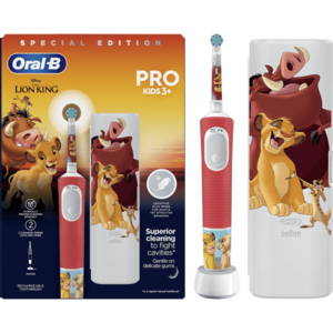 Periuta de dinti electrica Oral-B Pro Kids Lion King pentru copii 80775003, Curatare 2D, 2 programe, 1 capat, 4 autocolante, trusa de calatorie, Rosu imagine