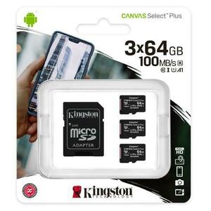 Card memorie microSDXC Kingston Canvas Select Plus, 64 GB, Clasa 10, V10, UHS-I U1, Pachet 3x buc. + Adaptor imagine