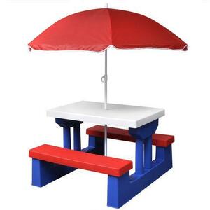 Masa de picnic cu banci pentru copii vidaXL 41455, Plastic, Cu umbrela, Multicolor imagine