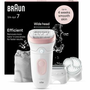 Epilator Braun Silk-épil 7 7-060 SkinSpa, Wet & Dry, MicroGrip, Smart Light, 40 de pensete, 2 viteze, Cap de ras + Pieptene, 1 Cap pentru exfoliere, 1 Capac, Saculet de voiaj, Alb/Roz imagine