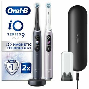 Set 2 x Periuta de dinti electrica Oral-B iO9 cu Tehnologie Magnetica si Micro-Vibratii, Inteligenta artificiala, Display led, Senzor de presiune Smart, Timer vizibil, 7 moduri, 1 incarcator magnetic, 1 Trusa de calatorie cu incarcator, Negru/Roz imagine