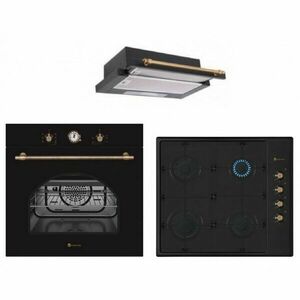 Pachet rustic incorporabil Dolce Vita Trio Nero cuptor electric, plita gaz si hota telescopica, Studio Casa, 6 functii, Clasa energetica A, Grill, Ventilator, Gratare fonta, Negru imagine