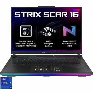 Laptop Gaming ASUS ROG Strix SCAR 16 G634JZR cu procesor Intel® Core™ i9-14900HX pana la 5.8 GHz, 16, QHD+, Mini LED, 240Hz, 64GB DDR5, 2TB SSD, NVIDIA® GeForce RTX™ 4080 12GB GDDR6 TGP 175W, Windows 11 Pro, Off Black imagine