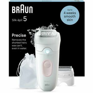 Epilator Braun Silk-épil 5 5-030 Wet & Dry, MicroGrip, Smart Light, 28 de pensete, 2 viteze, Cap de ras + Pieptene, Saculet de voiaj, Alb/Flamingo imagine