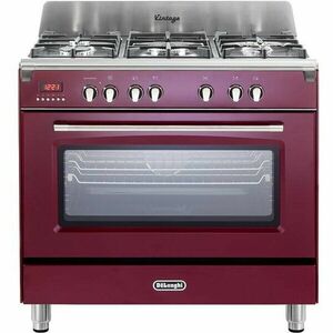 Aragaz profesional DeLonghi MEM 965 RX ED RO, 5 arzatoare, Gaz + Electric, L 90 cm, Grill, rosu bordeaux imagine