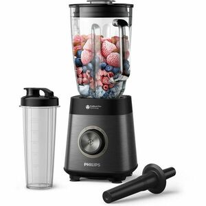 Blender Philips HR3041/00 Seria 5000, 1200 W, Lame noi ProBlend Plus, Vas din sticla cu nervuri, 3 viteze plus Impuls, Lame detasabile, capacitate 2 litri, Curatare automatizata cu o singura atingere, Negru imagine