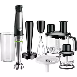 Mixer vertical Braun MQ7087X, 1000 W, Pahar gradat 0.6 l, Procesor alimente 1.5l, Tocator 0.35l, Accesoriu piure, Tel, viteza variabila, Negru imagine