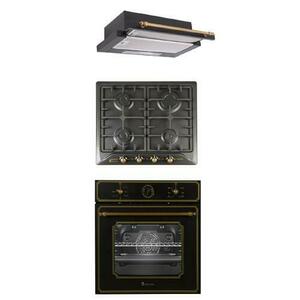 Pachet incorporabil cuptor electric , plita gaz si hota telescopica Studio Casa Toscana Retro Black Rustic, Clasa A, Gratare fonta, Negru imagine