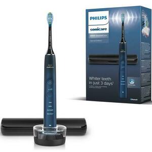 Periuta de dinti electrica Philips Sonicare DiamondClean 9000 HX9911/88, 62000 miscari/min, 4 moduri de curatare, 3 nivele intensitate, senzor presiune, functia BrushSync, aplicatie Sonicare, wireless Bluetooth, toc transport, baza de incarcare, Albastru imagine