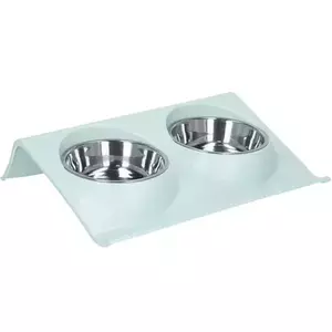 Castron, bol, pentru caine, pisica, dublu, cu suport, inox si plastic, albastru, 2 x 14 cm imagine