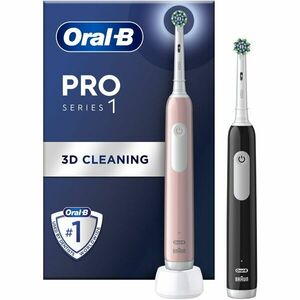 Set 2x Periuta de dinti electrica Oral-B Pro 1, Curatare 3D, 1 program, 1 capat de periaj, trusa de calatorie, Negru/Roz imagine