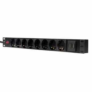 Prelungitor PDU LOGILINK 1U pentru rack 19 inch, 8 prize Schuko, intrare Schuko, max 16 A, on/off, protectie la supratensiune, 2 x USB 2.1A, 2 m imagine