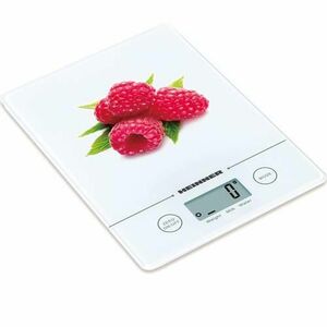 Cantar de bucatarie Heinner Raspberry HKS-5-RSB, 5 kg, sticla securizata, control touch cu display LCD, functie tara, functie cantarire lichide, gradare 1 g, baterie inclusa cr2032 (Alb) imagine