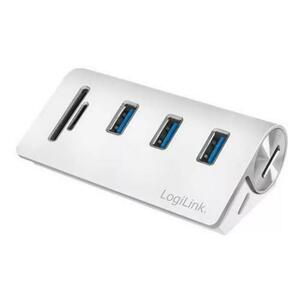 HUB USB LOGILINK CR0045, USB 3.0 x 3, slot card SD, MicroSD, conectare prin USB 3.0 (Argintiu) imagine