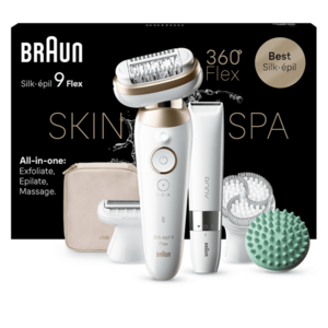 Epilator Braun Silk-épil 9 9-481 Flex 360° SkinSpa, Wet & Dry, Smart Touch, 40 de pensete, 2 viteze, Trimmer, Cap de ras + Pieptene, Cap de masaj, Cap pentru exfoliere, Geanta de voiaj, Alb/Auriu imagine