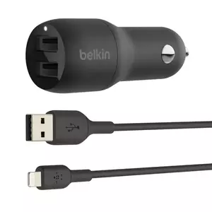 Incarcator Auto Belkin CCD001bt1MBK Dual USB-A 24W Cablu USB-A - Lightning inclus Black imagine