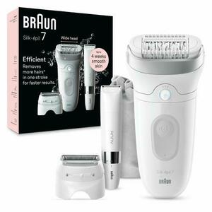 Epilator Braun Silk-epil 7 7-441 SkinSpa, Wet & Dry, MicroGrip, Smart Light, 40 de pensete, 2 viteze, Trimmer pentru corp, Cap de ras + Pieptene, 1 Capac, Saculet de voiaj (Alb/Argintiu) imagine