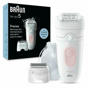 Epilator Braun Silk-epil 5 5-030 Wet & Dry, MicroGrip, Smart Light, 28 de pensete, 2 viteze, Cap de ras + Pieptene, Saculet de voiaj (Alb/Roz) imagine