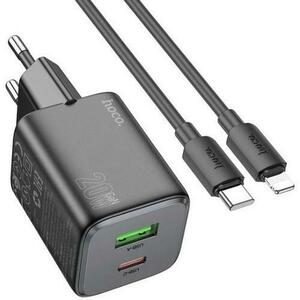 Incarcator Retea HOCO N41, 20 W, 3 A, USB-A, USB-C, cablu Lightning (Negru) imagine