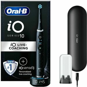 Periuta de dinti electrica Oral-B iO10 cu incarcator iOSense, Tehnologie Magnetica si Micro-Vibratii, Inteligenta artificiala, Display led, Senzor de presiune Smart, 7 moduri, 1 capat, Suport rezerve, Trusa de calatorie cu incarcator, Negru imagine