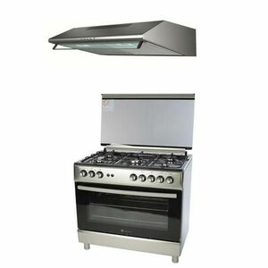 Pachet Studio Casa aragaz pe gaz 5 ochiuri FE90/60, 90 cm si hota ST2196X 90 cm, gratare fonta, Inox imagine