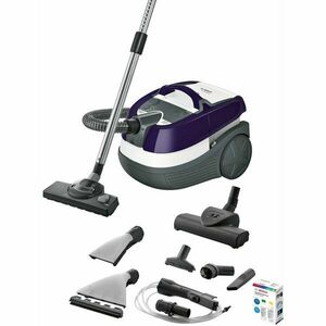 Aspirator Bosch Aqua WashClean BWD41740, Wet&Dry 3 in 1, 1700 W, functie spalare, perie Turbo, 5 l, sac praf 2.5 l, filtru EPA E10 lavabil, Aubergine/alb/gri imagine