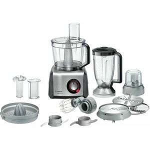 Robot de bucatarie multifunctional Bosch MC812M844, 1250 W, 50 de functii, indicator LED, bol 3.9 l, blender 1.5 l, discuri inox, storcator, negru/inox imagine