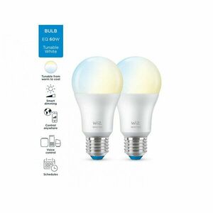 2 Becuri LED inteligente WiZ Connected Whites A60, Wi-Fi, E27, 8W (60W), 806 lm, lumina alba (2700-6500K) imagine