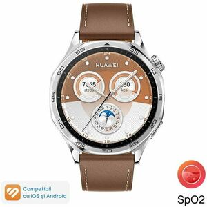 Smartwatch Huawei Watch GT 5, 46MM, Tarnish Stainless Steel Case, Brown Composite Leather Strap imagine