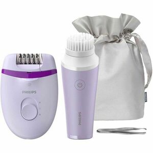 Set epilator Philips Satinelle Essential BRP533/00, Opti-Light, 2 setari de viteze, mini-perie de curatare faciala VisaPure, Penseta, Husa, Turcoaz, Mov imagine