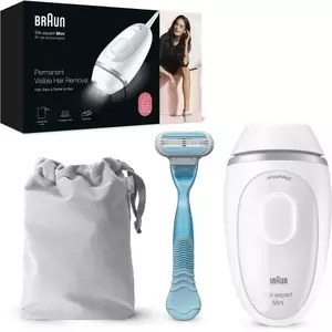 Epilator IPL Braun IPL Silk·expert Mini PL1124, SensoAdapt, 300.000 impulsuri, 3 niveluri de intensitate, corp si fata, aparat de ras Venus, Saculet de calatorie, Alb/Gri imagine