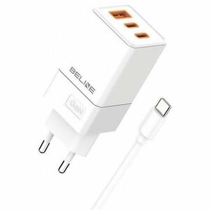 Incarcator Retea Cu Cablu USB-C Beline GaN, 65W, 3A, 1 x USB-A - 2 x USB-C, Alb BLN3CW65C imagine