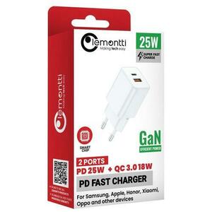 Incarcator Retea Lemontti GaN Dual Port 1x Type-C si 1x USB-A, 25W, EU Plug, Alb imagine