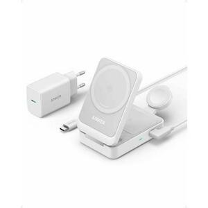 Incarcator wireless magnetic Anker MagGo 3-in-1, 15W, MagSafe compatibil, Qi2 Certificat, Pliabil, incarcator si cablu USB-C inclus (Alb) imagine