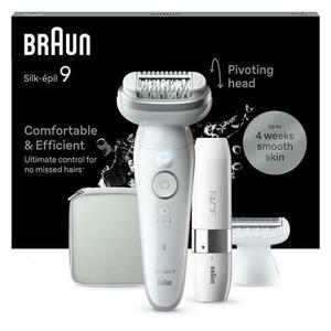 Epilator Braun Silk-epil 9 SES9-341, 40 pensete, 2 viteze, 5 accesorii, SmartLight, MicroGrip, Wet&Dry, acumulator (Alb/Argintiu) imagine