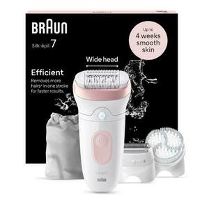 Epilator Braun Silk-épil 7 7-060 SkinSpa, Wet & Dry, MicroGrip, Smart Light, 40 de pensete, 2 viteze, Cap de ras + Pieptene, 1 Cap pentru exfoliere, 1 Capac, Saculet de voiaj (Alb/Roz) imagine