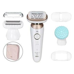 Epilator Braun Silk-epil 9 SES9-071, 40 pensete, 2 viteze, 5 accesorii, SmartLight, Smart Touch, MicroGrip, Wet&Dry, Acumulator (Alb/Auriu) imagine