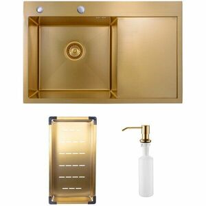 Pachet chiuveta inox SanDonna HD7850 cu scurgator si dozator detergent, handmade, 780x500x230 mm, Auriu imagine