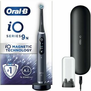 Periuta de dinti electrica Oral-B iO9 cu Tehnologie Magnetica si Micro-Vibratii, Inteligenta artificiala, Display led, Senzor de presiune Smart, Timer vizibil, 7 moduri, 1 capat, Suport rezerve, Incarcator magnetic, Trusa de calatorie cu incarcator, Negr imagine