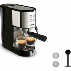 Espressor manual Krups Virtuoso Essential XP441810, presiune 15 bari, rezervor apa 1L, sistem de spumare a laptelui, functie apa fierbinte, reglare temperatura, oprire automata, sistem ThermoBlock, design compact, negru & argintiu imagine