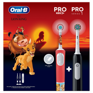 Periuta de dinti electrica Oral-B Pro Kids Lion King pentru copii, Curatare 2D, 2 programe, 1 capat, 4 autocolante, trusa de calatorie, Rosu + Periuta de dinti electrica Oral-B Pro 1, Curatare 3D, 1 program, 1 capat de periaj, Negru imagine