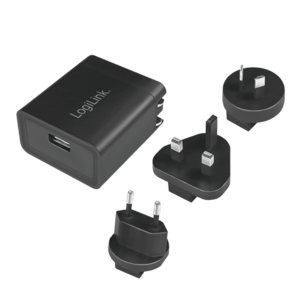 Adaptor priza pentru calatorie LogiLink PA0187, US-, AU-, UK- and EU-plug, USB 5V 2.1A 10.5W, protectie supracurent/supratensiune/scurtcircuit/supraincalzire, Negru imagine