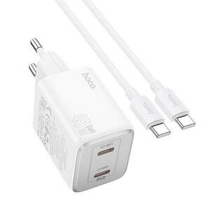 Incarcator Retea Cu Cablu USB-C HOCO N42, 45W, 3A, 2 x USB-C, Alb imagine