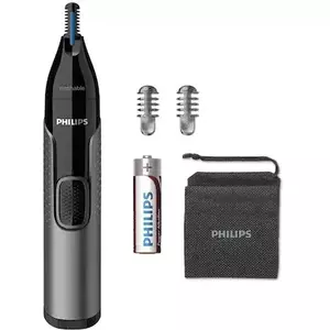 Trimmer pentru nas/urechi Philips NT3650/16, baterie, lavabil, tehnologie Precision Trim, otel inoxidabil, pieptene pentru sprancene, pieptene 5 mm, Gri imagine