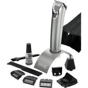 Aparat de tuns barba din inox Wahl 09818-116 include si trimmer pentru nas si urechi, alimentare acumulator, lame otel cu autoascutire, 4 capete de ghidare, 3 piepteni pentru tuns barba, autonomie 240 minute, gri imagine